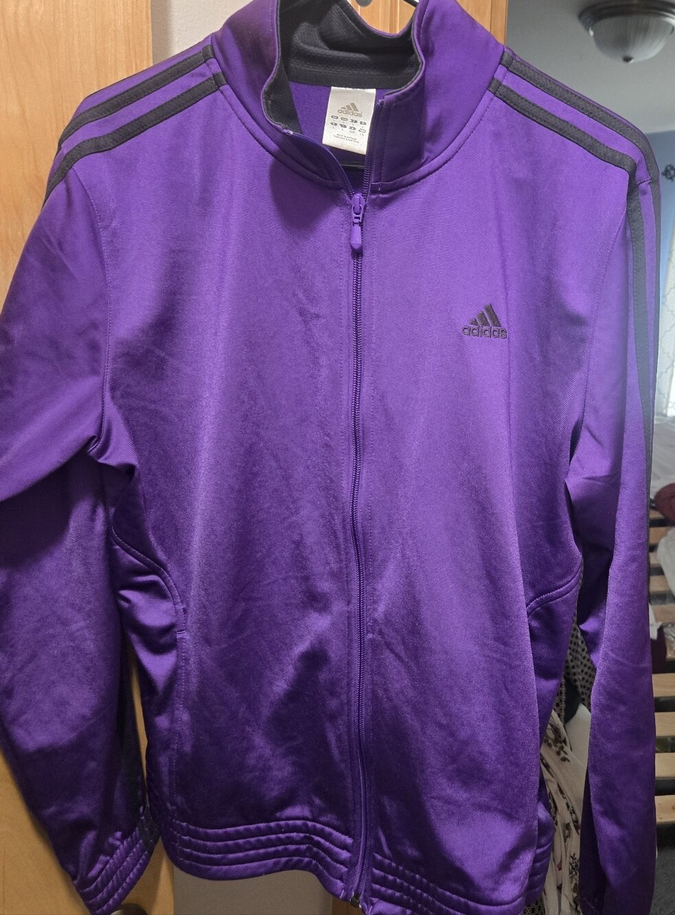 adidas Track Jacket Womens L Purple Black Stripes Full Zip